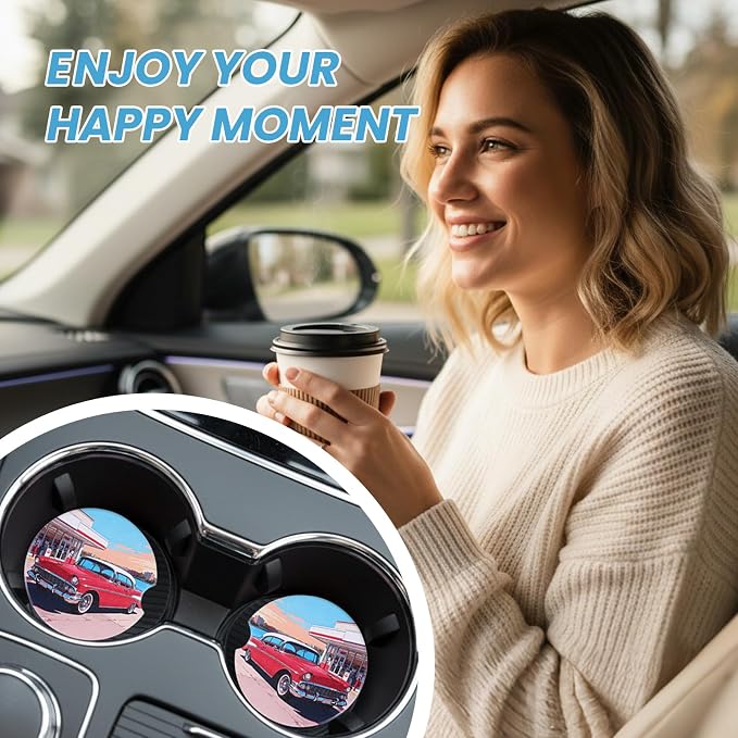 2 Pack Car Coasters for Cup Holders, Absorbent Ceramic Stone Cup Coaster with Non-Slip Cork Base&Finger Notch, Vintage Classic Red Car Gas Station Auto Interior Accessories, Universal 2.59 in