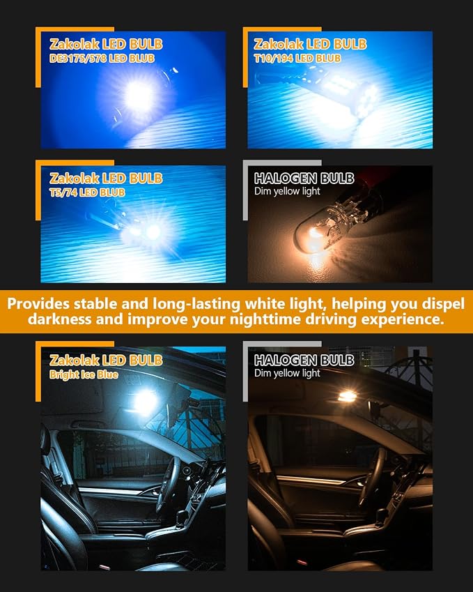 Zakolak 24PCS LED Interior Car Lights, Extremely Bright LED Bulb Kit, Applicable to Dome Map Door Lights and Other Parts Replacement for Your Cars, to Help You See Inside The Car at Night（Ice Blue）