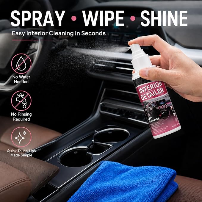 Car Interior Cleaner Spray Kit, Dashboard & Trim Detailer for Plastic, Vinyl, Rubber, Door Panels, Consoles & Finished Leather, Non-Greasy Auto Interior Cleaner with Towel & Sponge
