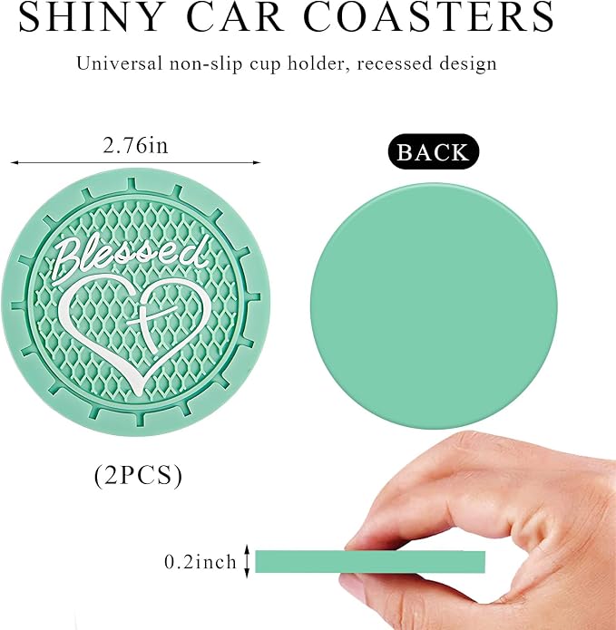 KVAEY 2 PCS Car Cup Holder Coasters, 2.76 Inch Anti Slip Vehicle Drink Mats with Cute Blessed Cross and Heart, Shockproof, Universal Car Accessories (Light Green, 2 PCS)