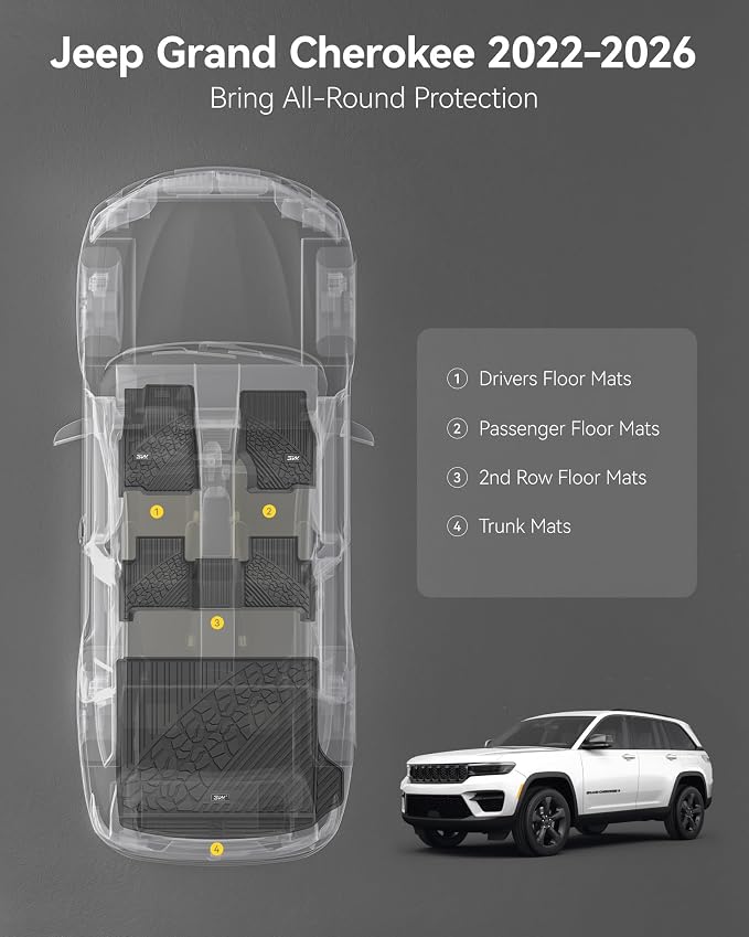 3W Floor Mats & Cargo Liner Fit for Jeep Grand Cherokee (WL Include 4xe Not L or WK) 2026 2025-2022,TPE All Weather Custom Fit Floor Liners for 1st 2nd Rows and Trunk Full Set Car Mats, Black