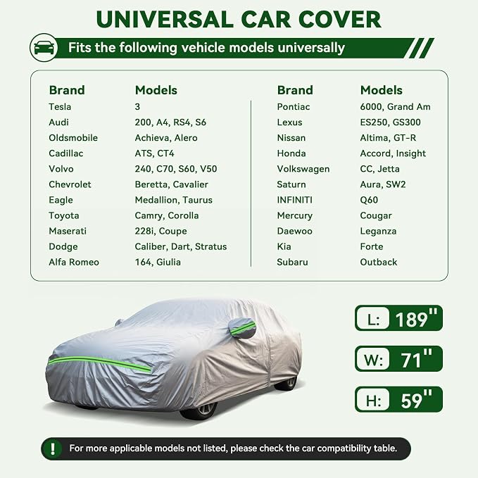 AUQDD 6-Layers Premium Sedan Car Cover Waterproof All Weather Weatherproof UV Sun Protection Snow Dust Storm Resistant Outdoor Exterior Custom Form-Fit Full Padded Car Cover with Straps 178"-189" K2