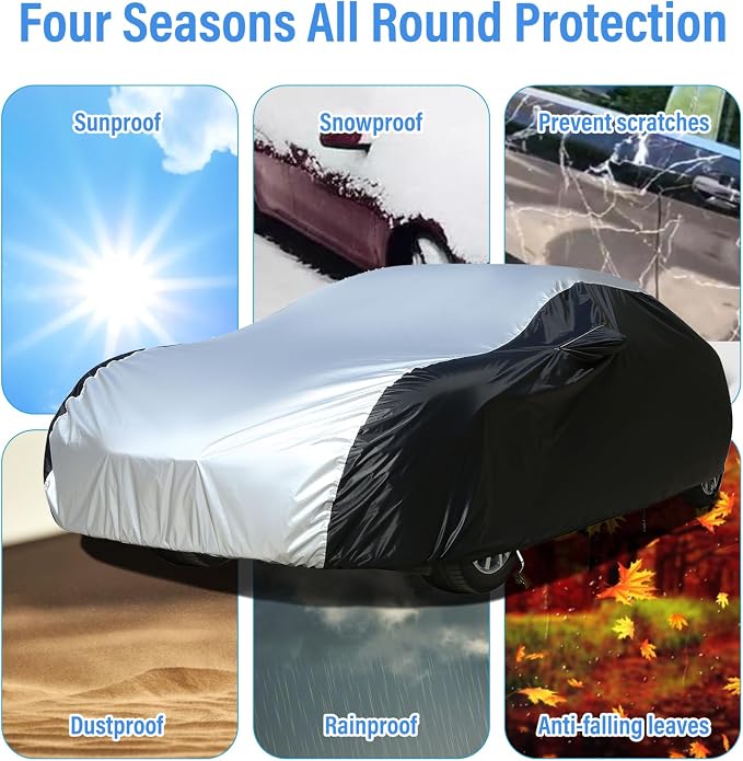 Car Cover Waterproof All Weather, Coverado Outdoor Full Car Covers with Invisible Zipper Mirror Pocket, Rain Sun UV Wind Protection Car Covers for Automobiles Universal Fit for Camaro,etc (183"-193")