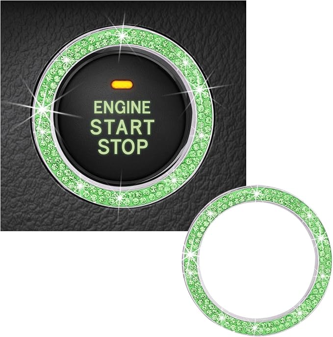 Kewucn Bling Crystal Double Rhinestone Car Engine Start Decoration Ring, Sparkling Push Start Button Sticker, Key Ignition & Knob Ring Decoration, Bling Car Interior Accessory (Light Green)