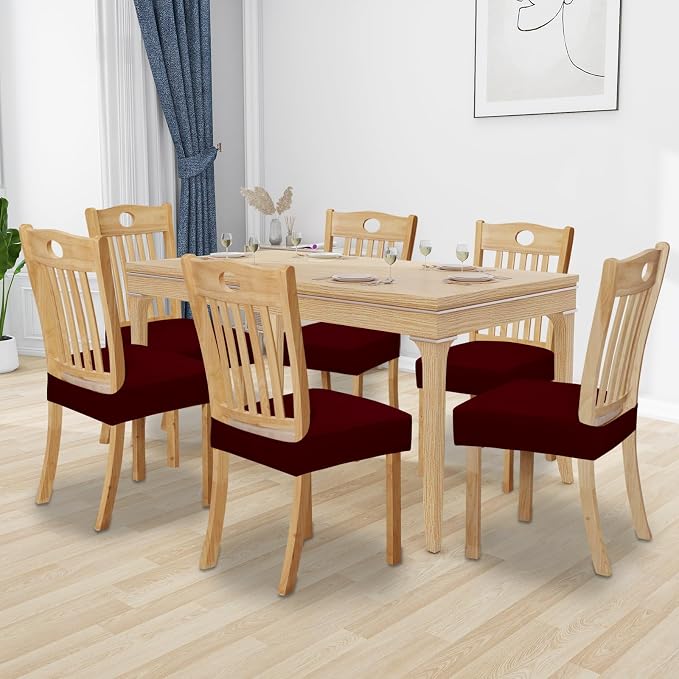 Easy-Going 100% Waterproof Seat Covers for Dining Room Chairs Set of 6, Stretch Chair Seat Slipcovers Protector Removable and Washable Kitchen Dining Chair Covers, Wine