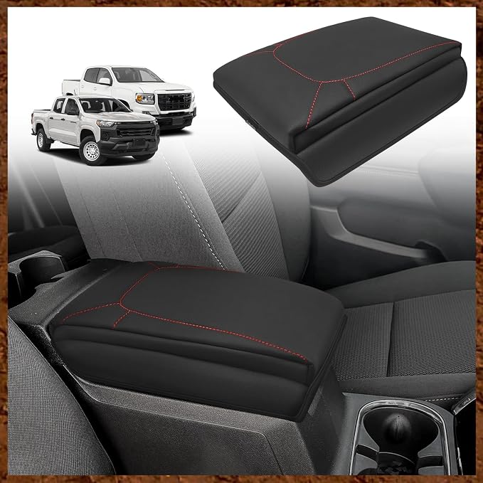 Muslogy Center Console Armrest Cover Fit for Chevrolet Colorado/GMC Canyon 2023-2026 Accessories, Comfort Armrest Pad Console Lid Cushion Vegan Leather 1-Inch Extra Thick(Red Stitching)
