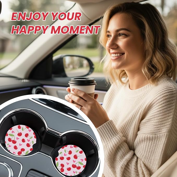 2 Pack Pink Cherry Car Coasters for Women Car Cup Holder Coasters, 2.63 Inch Anti Slip Ceramic Absorbent Coaster with Cork Base and Finger Notch, Cute Car Accessories Interior