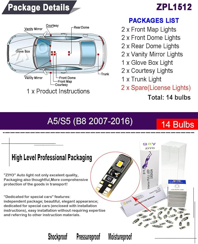 ZIYO ZPL1512 - (14 Bulbs) LED Interior Light Kit Replacement for AUDI A5 S5 RS5 (2door) 2006-2016, Xenon White Dome Light Bulbs Upgrade Error Free