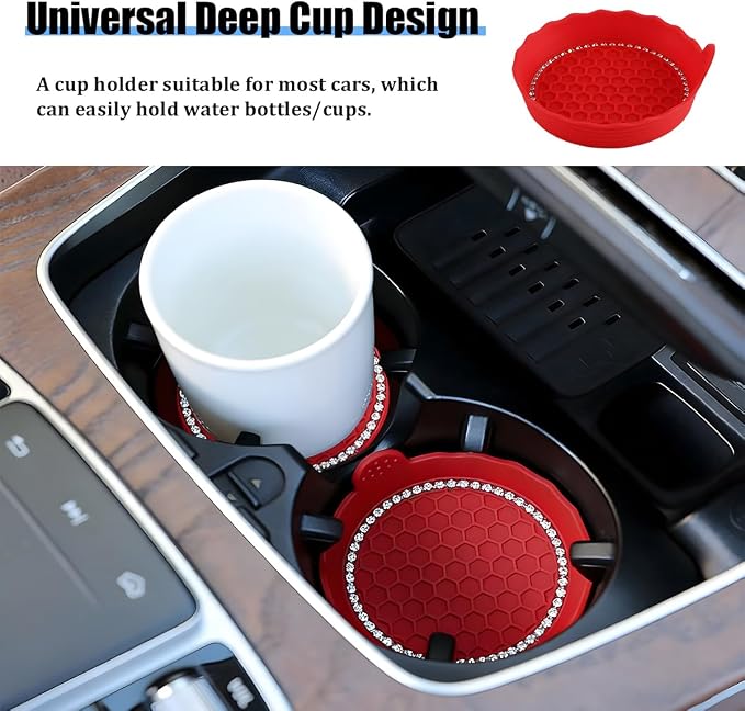 HZEL 4PCS Bling Car Cup Holder Coaster, Shiny Crystal Rhinestone Silicone Dustproof Drink Cup Insert Pad, Dazzling Automotive Interior Water Bottle Holder Embedded Mat, Universal Fit (Red)