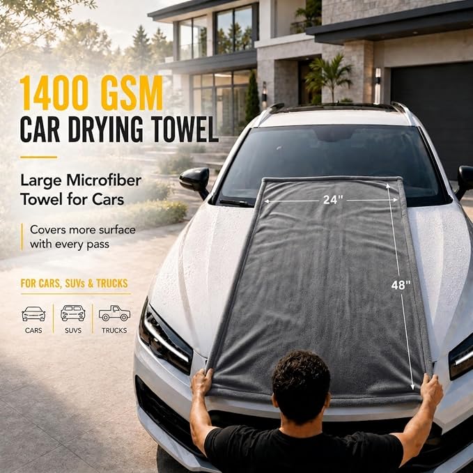 teworld® Car Drying Towel, Extra Large 48 x 24 Inch, 1400 GSM, Dual-Grey | Twisted Loop Microfiber Towel for Cars - Absorbent Car Dry Towel and Car Wash Towel for Streak-Free, Paint-Safe Car Detailing