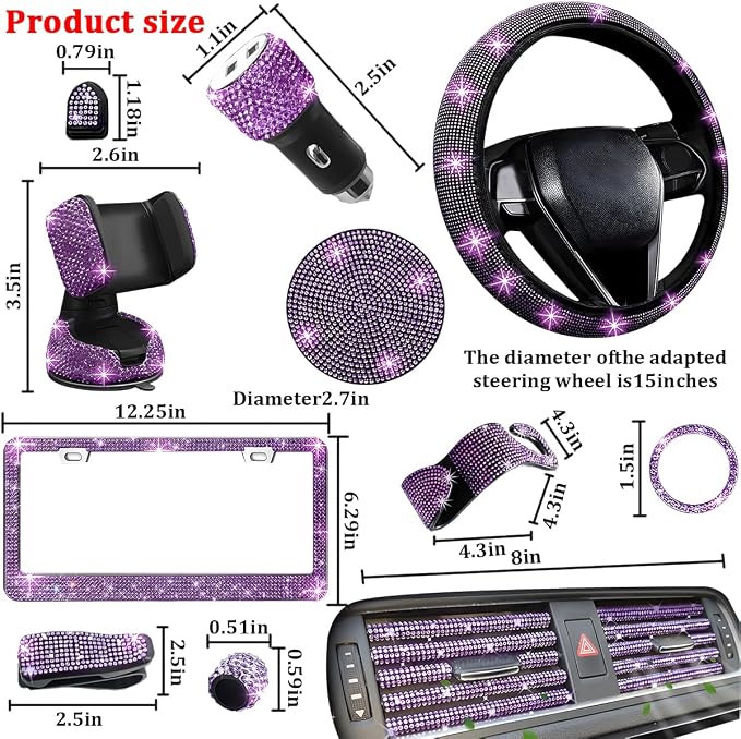 27PCS Bling Car Accessories Set for Women, 14.5-15" Rhinestone Steering Wheel Cover Cup Coaster, USB Charger Phone Holder Headrest Hook, Diamond Auto Decor, Universal Fit (Light Purple)