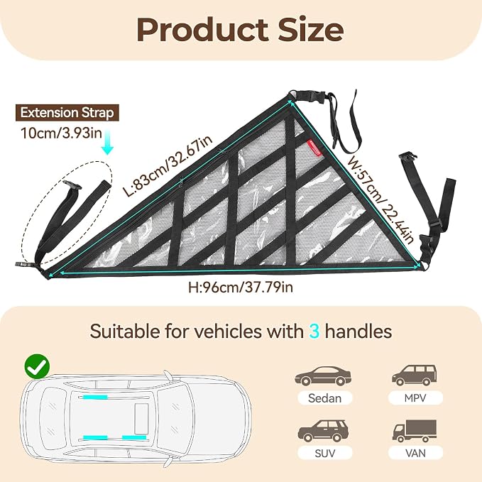 3 or 4 Handles Car Ceiling Cargo Net for Inside Car Roof 32.6 x 22.4'' | 83x57cm Univeral ,INylon Mesh PVC,interior Mesh Storage,Truck Travel Long Road Trip Camping Accessories,Sedan SUV MPV Van