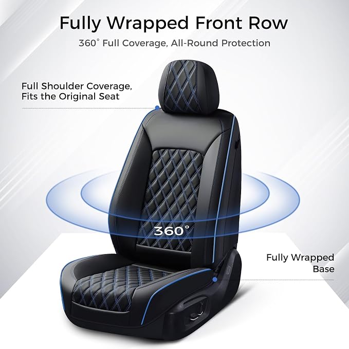 Huidasource Seat Covers Full Set, Seat Covers Nappa Leather Universal Fit for Most Cars, Vans, Trucks, SUVs, Compatible with Airbags, Blue Car Seat Covers Velcro Adjustable (Full Set/Black&Blue)