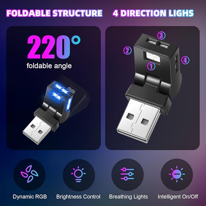 Frienda 2 Pcs Mini USB LED Light Car LED Interior Lighting 5v RGB Foldable Ambient Lighting Adjustable 8 Color and Brightness Smart USB Night Lamp for Cars Laptop Keyboard (USB-A)