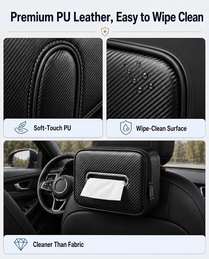 Carbon Fiber Texture Car Tissue Holder, Extra Large Car Tissue Box Holder for 120–230 Count Rectangular Tissue Boxes, Wider Opening, Dual Zipper, Fits Headrests, Consoles, and Seat Backs