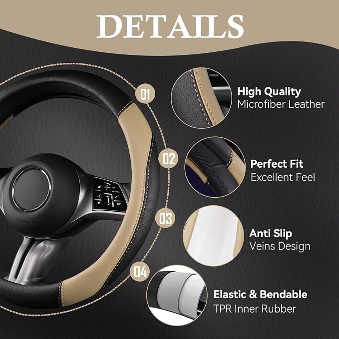 CAR PASS Faux Leather Steering Wheel Cover and Waterproof Car Floor Mats,Universal Car Combo Fit for 95% Sedan,SUV,Cars,14.5-15inch Sporty Anti-Slip Safety Comfortable Design(Black＆Beige)