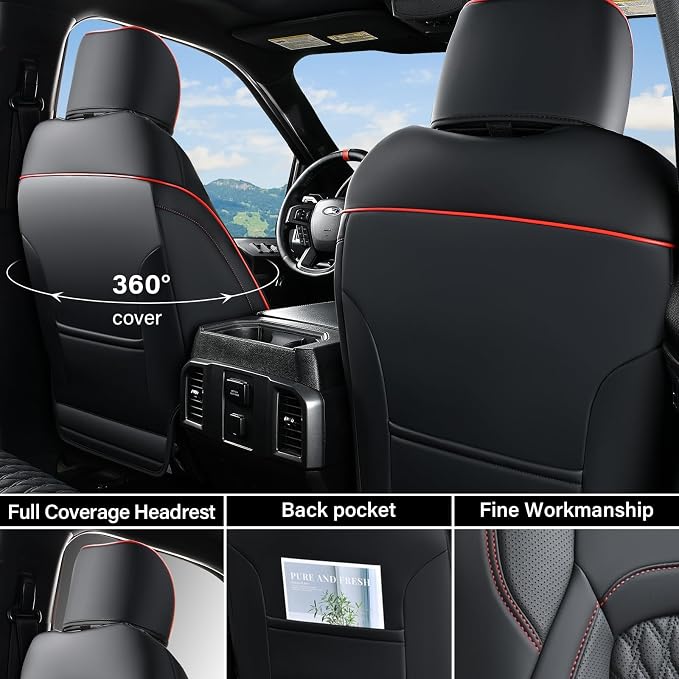 Coverado Chevy Chevrolet Silverado GMC Sierra Seat Covers Full Set, Custom Fit for 2014-2018 1500, 2015-2019 2500HD 3500HD Crew Double Extended Cab, Faux Waterproof Leather Seat Covers (Redline)