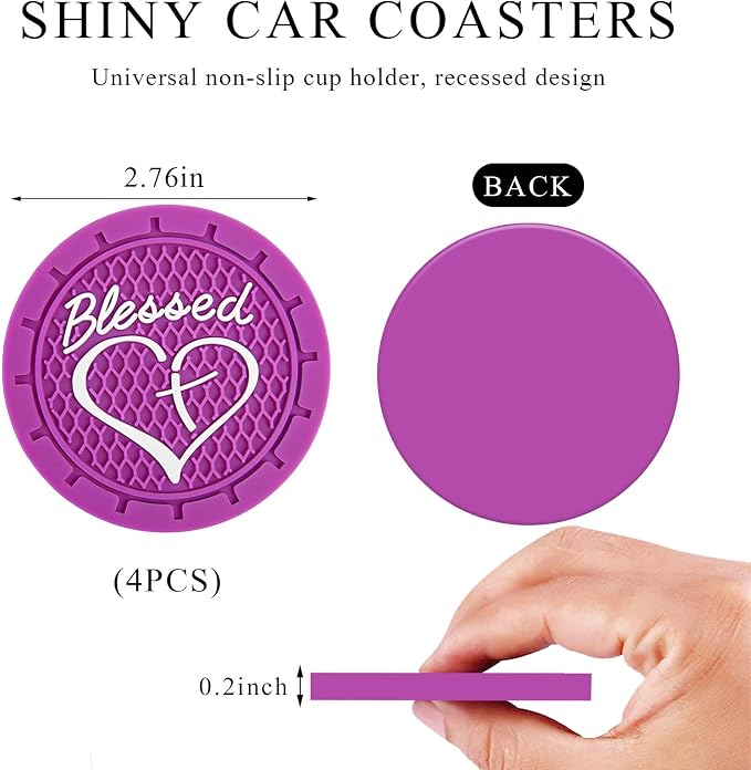 KVAEY 2 PCS Car Cup Holder Coasters, 2.76 Inch Anti Slip Vehicle Drink Mats with Cute Blessed Cross and Heart, Shockproof, Universal Car Accessories (Dark Purple, 4 PCS)