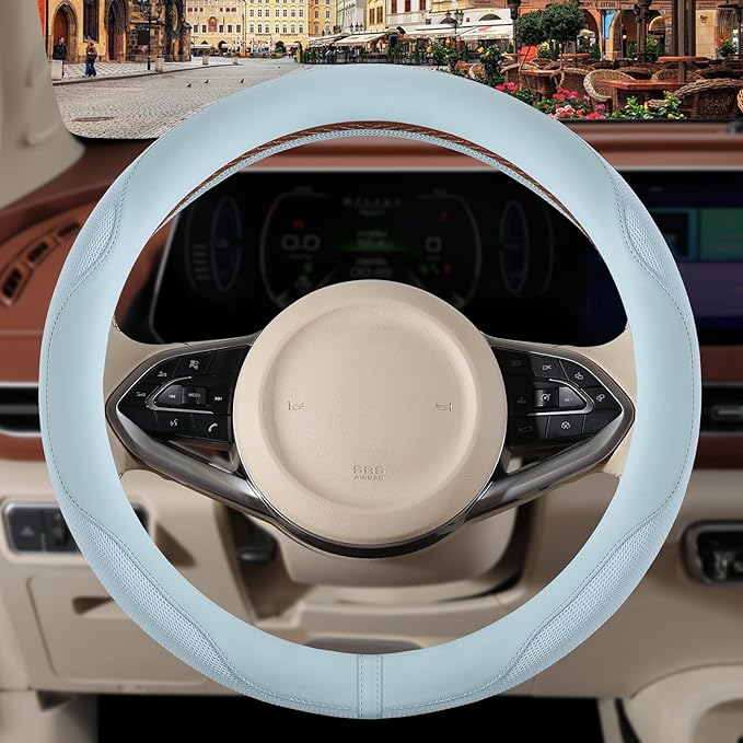 Nappa Leather Ice Silk Fabric Blue Steering Wheel Cover | Non-Slip Breathable Soft Light Blue Car Accessories, Warm in Winter and Cool in Summer Universal 14.5 inch to 15 inch