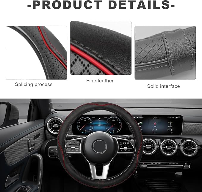 Car Steering Wheel Cover, 15 Inch Anti-Slip Breathable Leather Auto Steering Wheel Protector, Full Surround Soft Steering Wheel Cover for Men Women, Car Interior Accessories (Black & Red)