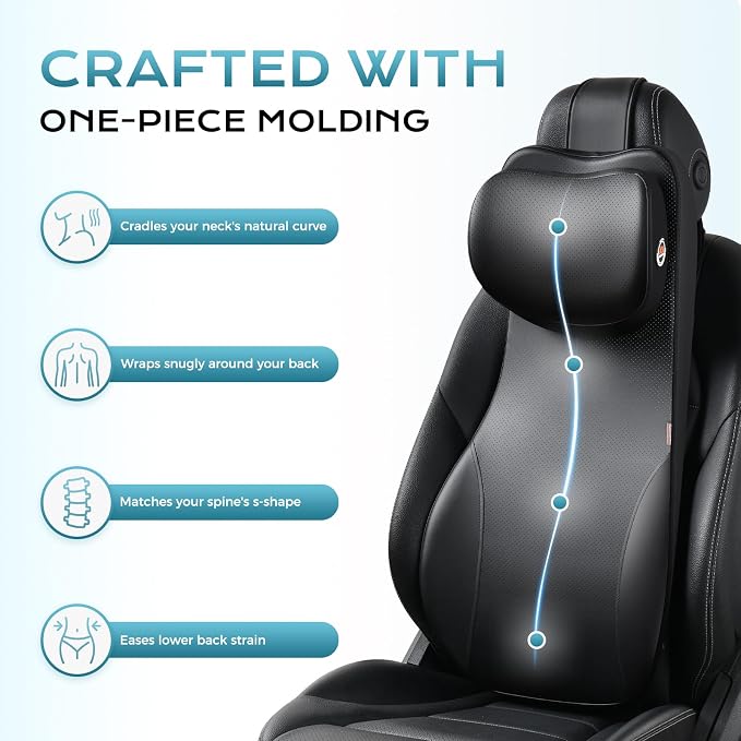 Coverado Car Seat Cushion and One Piece Lumbar Support Headrest Pillow, Adjustable Velcro Design Car Neck Pillow, Ergonomic Memory Foam Car Back Support Driving Seat Cushion for Back Pain Relief,Black