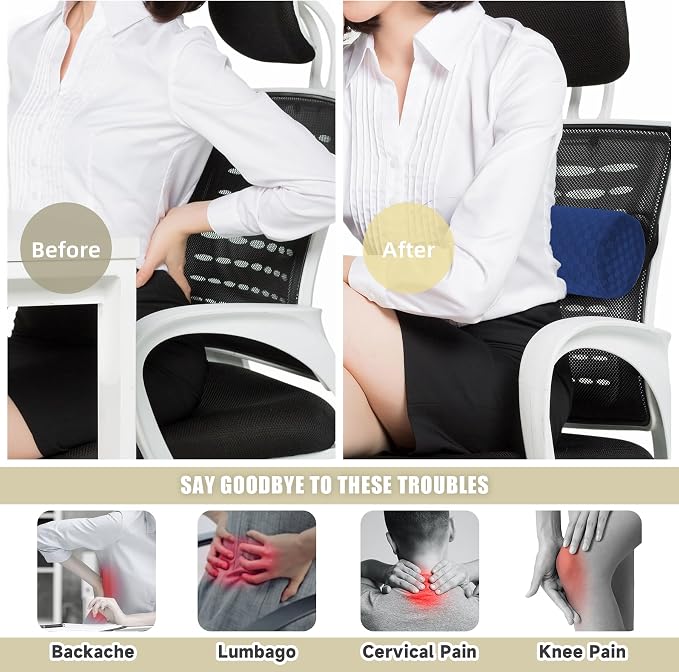 Coeyese Lumbar Roll Pillow for Lower Back Support, Dark Blue, 11*4.3'' | Removable Pillowcase, Upgraded Adjustable Strap, Suitable for Office, Chair, Car, Seat Pain Relief & Improving Posture