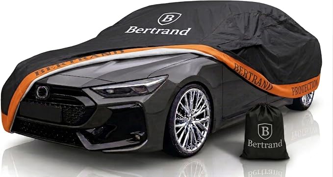 BERTRAND Heavy Duty Sedan Car Cover Waterproof All Weather - Snow, Rain & UV Outdoor Protection | Cotton-Lined, Up to 8-Point Anchoring + Door Zipper | Large Sedans, Black-Orange (185x71, A2)