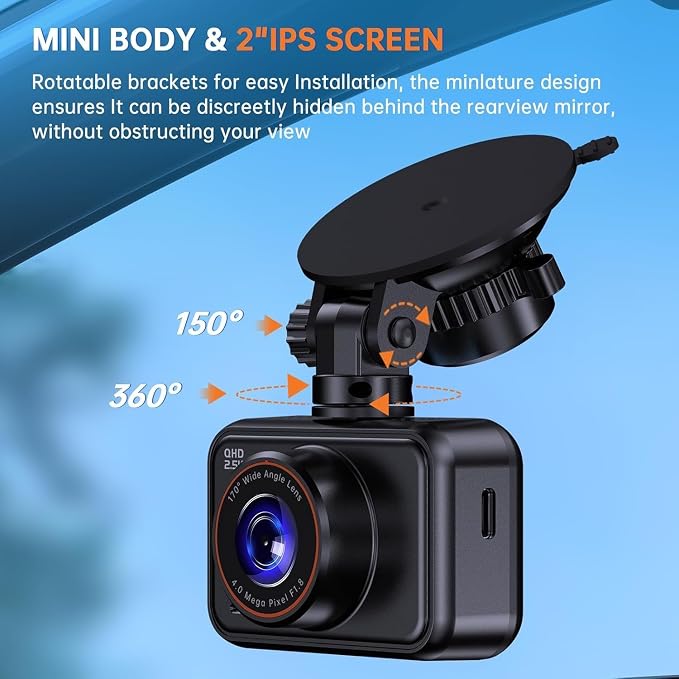 Dash Cam Front and Rear for Cars, 2.5K+1080P Dual Camera with 2" Screen | WDR Night Vision, 170° Lens, G-Sensor, Loop Recording, 360° Mount, Mini Design, 256GB Max, 24H Parking, SD Card Not Included