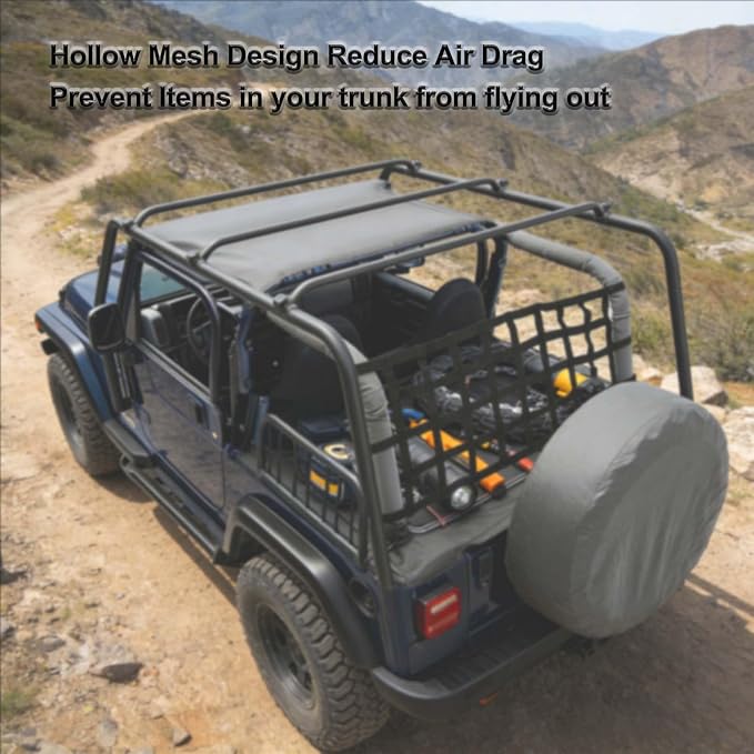 Universal Car Cargo Net&Hitch Hammock, Oversized Heavy Duty Mesh Netting | for Jeep Wrangler TJ JK JL 1997-2023 2/4 Door, Multi-Purpose Cargo Organizer, Camping Gear, Pet Barrier & Travel Accessory
