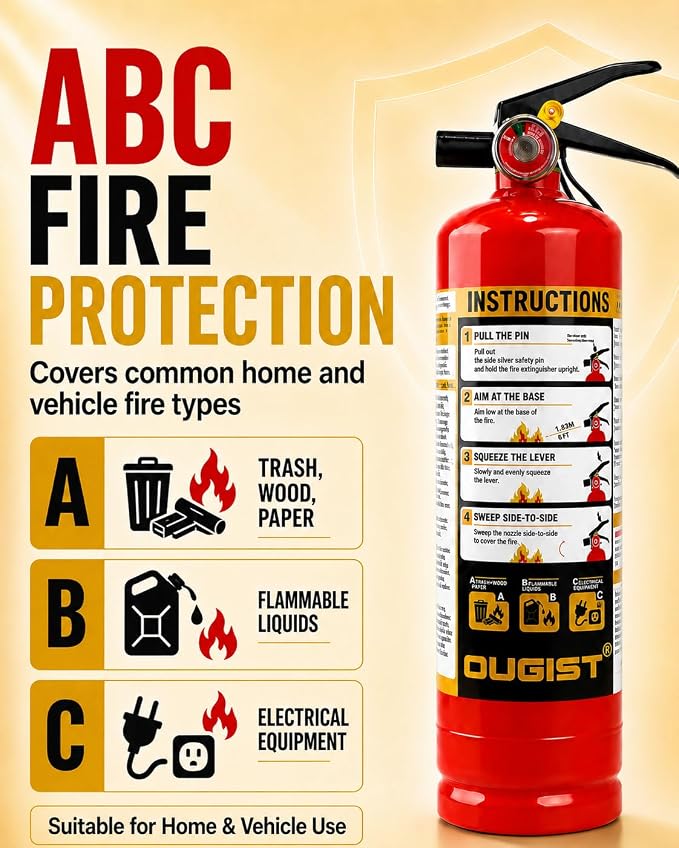 Ougist Essential Fire Extinguisher for Home, 1-A:10-B:C, DRY1L, 1 Pack | Residential Multi-Purpose Extinguisher for Small Household, Kitchen, Garage and Vehicle Fires; 2.5 Lb, Dry Chemical