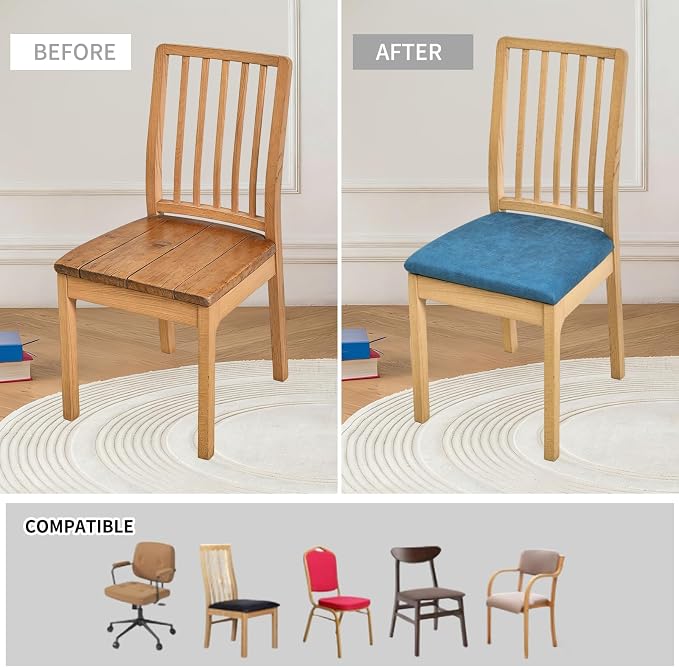 HAOYONG Waterproof Chair Seat Covers with Elastic Ties, Dining Room PU Chair Cover Seats Removable Washable Chair Protector Seat Cushion Slipcovers for Home, Kitchen (4PCS-Blue)