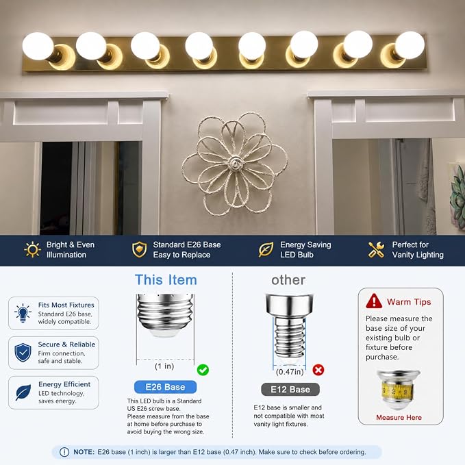 Brtstiun G25 LED Light Bulbs, Round Vanity Light Bulbs for Bathroom, 40W Equivalent, Soft White 2700K, E26 Base, 600LM, Non-Dimmable, 4-Pack