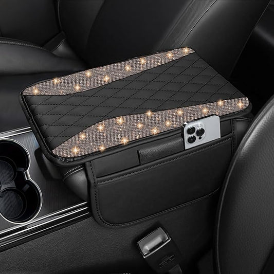 NBTEPEM Bling Car Center Console Cover, Leather Middle Console Cover with 2 Storage Bags, Universal Arm Rest Cover, Bling Car Accessories Interior Fit for Most Vehicles, Champagne Diamond