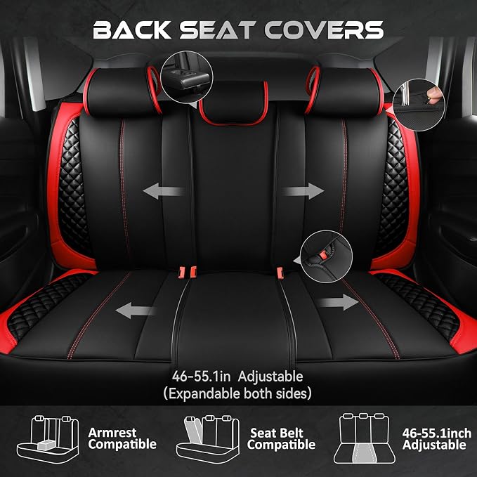 CAR PASS Nappa Leather Car Seat Covers Full Set Waterproof Protector Durable Cushioned,Universal Fit for Sedan SUV Pick-up Truck,Automotive, Anti-Slip and Backseat Luxury Premium(Black and Red)