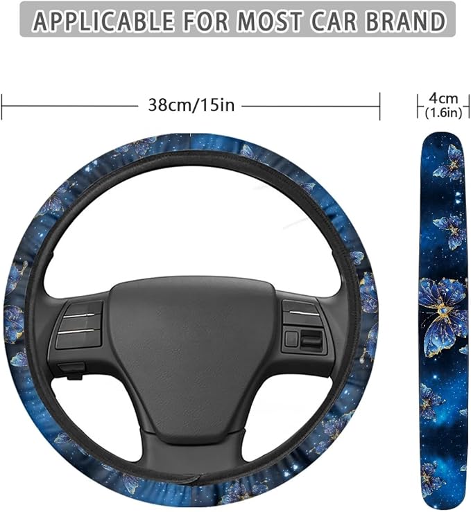 AFPANQZ Steering Wheel Cover for Most Cars Universal Fit 14 to 15 inch | Blue Butterfly, Anti-slip Steering Wheel Protector, No Smell Fashion, Easy Install