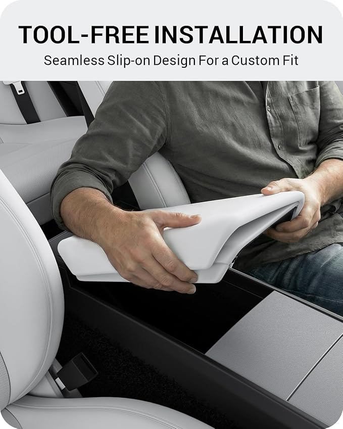 BASENOR Center Console Armrest Cover for 2025 2026 Tesla Model Y Juniper/Model 3 Highland [Non-Slip] [No Logo] Arm Rest Protector Accessories TPU White (Standard/Premium/Performance)