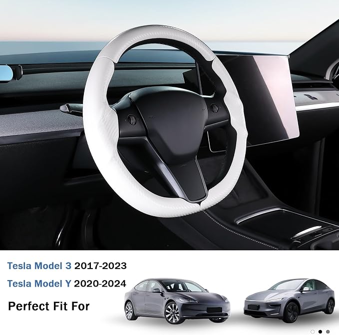 Steering Wheel Cover for 2017-2023 Tesla Model 3 2020-2024 Tesla Model Y, Carbon Fiber Steering Wheel Cover for Tesla Model 3/Y Accessories, Matte White