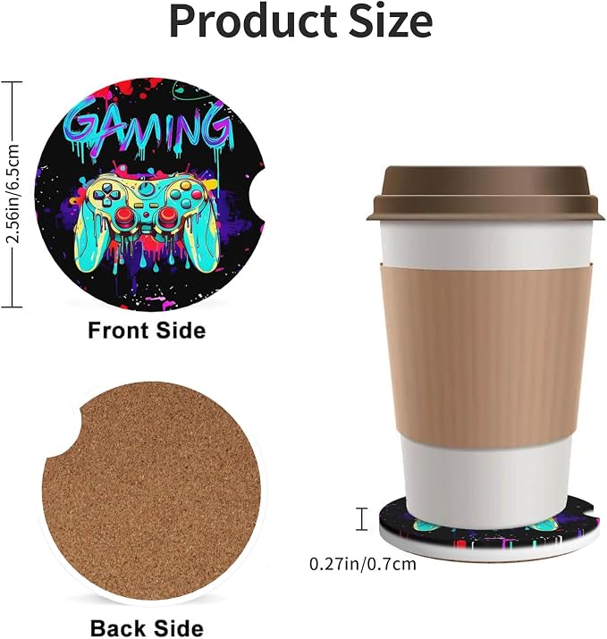 Game Car Cup Holder Coasters 2 Pack 2.63" for Women | Universal Anti Slip Ceramic Absorbent Coaster with Cork Base and Finger Notch Cute Car Accessories Interior