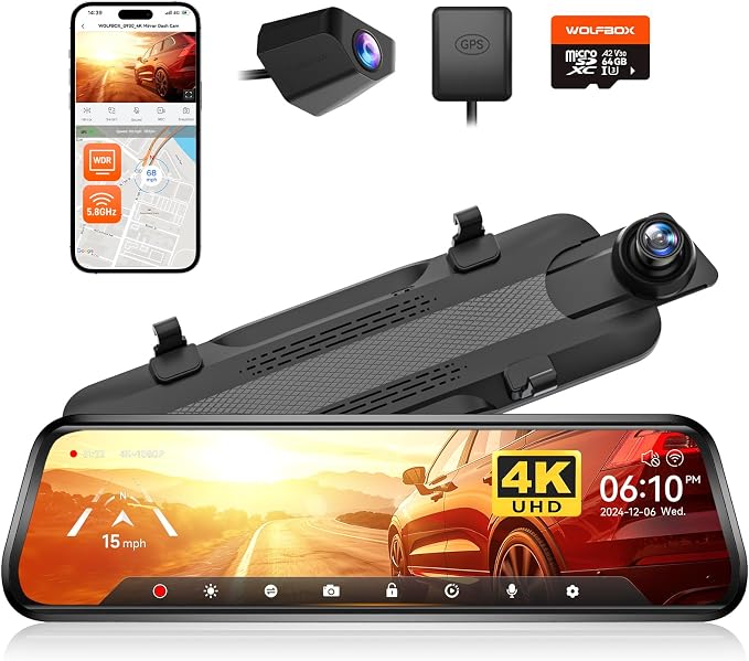 WOLFBOX G930 10'' Rear View Mirror Camera with 5.8GHz WiFi, 4K Dash Cam Front and Rear with WDR, Touch Screen Rearview Mirror Backup Camera, Parking Monitor, Reverse Assist, Includes 64GB Card & GPS