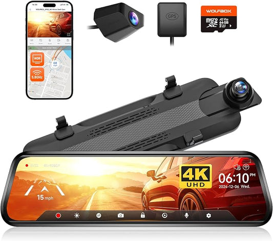 WOLFBOX G930 10'' Rear View Mirror Camera with 5.8GHz WiFi, 4K Dash Cam Front and Rear with WDR, Touch Screen Rearview Mirror Backup Camera, Parking Monitor, Reverse Assist, Includes 64GB Card & GPS