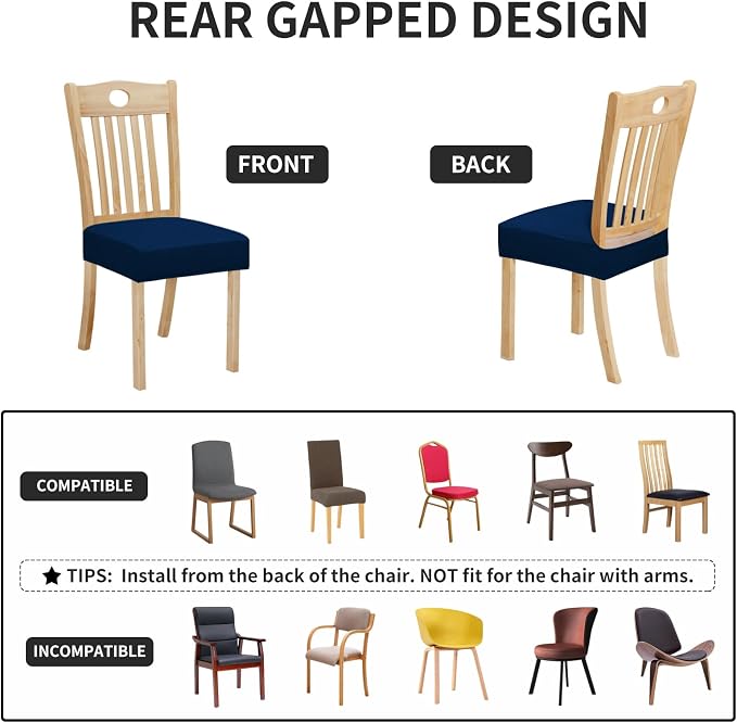 Easy-Going 100% Waterproof Seat Covers for Dining Room Chairs Set of 2, Stretch Chair Seat Slipcovers Protector Removable and Washable Kitchen Dining Chair Covers, Navy