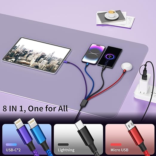 4 in 2 Multi Charging Cable, Dual IP Charging Cord with Type-C & Micro | USB A/C Input Multi Charging Cable with IP/IP, Type-C & Micro Ports, Nylon Braided Phone Charger for Travel & Car