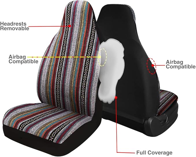 Baja Saddle Blanket Car Seat Covers 2PCS Front, Breathable and Washable Striped Woven Automotive Vehicle Seat Cover, Universal Seat Cover for Sedan, SUV, Truck, Airbag Compatible