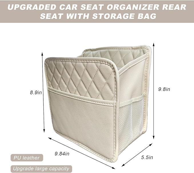 DXNQ Car Seat Back Organizer, Large Capacity Foldable Car Seat Back Hanging Bag with 3 Extra Pockets, Waterproof Leather Auto Seats Storage Organizer, Car Travel Essentials Accessories (White)