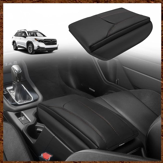 Muslogy Center Console Armrest Cover Fit for Subaru Forester 2025 Accessories, Comfort Armrest Pad Console Lid Cushion Protector Vegan Leather 1-Inch Extra Thick
