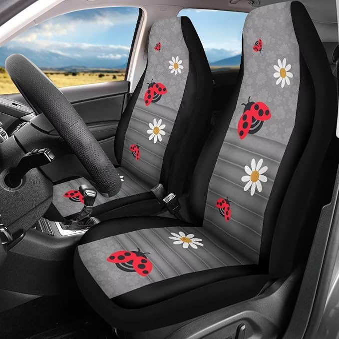 Ladybug Daisy Front Seat Covers for Cars Decorative Front Bucket Seat Cover Lightweight Automotive Seat Cushion Covers for SUV Vans Sedans Trucks