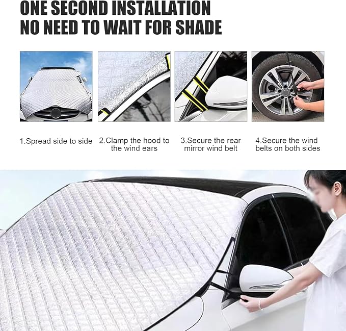 Shakas Car Half Car Cover Sunshade, Sunscreen Heat Insulation Thickened Wind Resistant Front Windshield Hood Sunshade, Four Seasons Universal Accessory, Suitable for Most Sedans, SUVs, MPVs (Silver)
