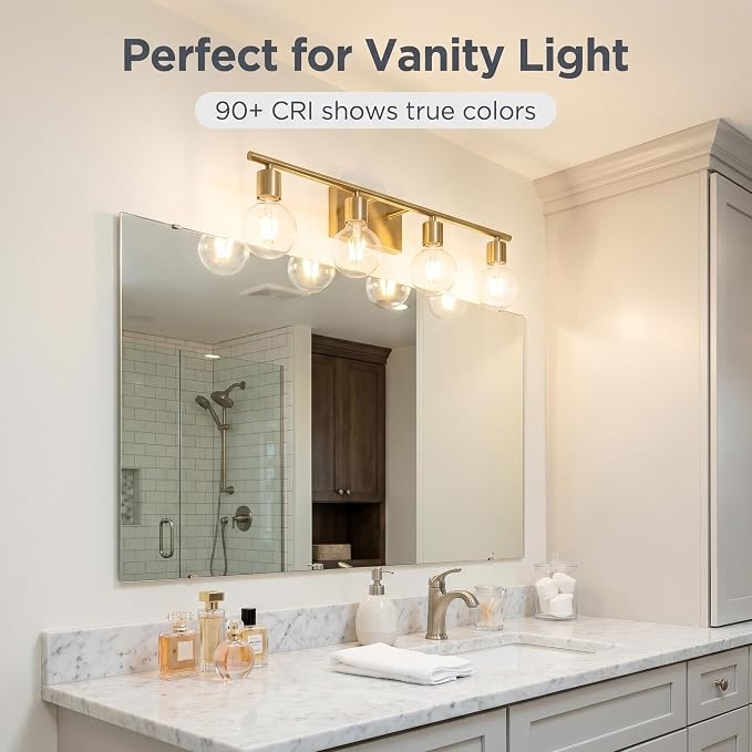 G25 LED Globe Light Bulbs, 60W Equivalent 500 Lumens, E26 Base Dimmable Neutral White 3500K, CRI 90+ Edison Vanity Light Bulbs for Bathroom Mirror, Bedroom, Kitchen, Clear Glass, 4 Pack