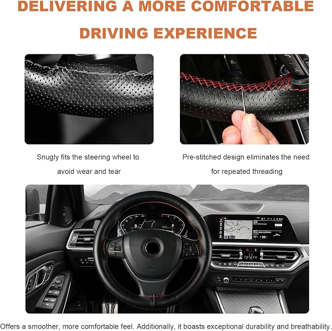Genuine Leather Steering Wheel Cover, 15 Inch Stitch on Wheel Wrap with Needles & Threads, Breathable Steering Wheel Protector DIY Sewing Wrap for Car Truck SUV (Black & Red, Full Hole)
