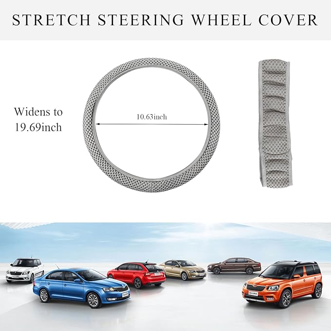 Yourkar Elastic Steering Wheel Cover, 15"×15" Comfy Breathable Stretch Steering Wheel Protector, Ice-Silk Cloth Polyester Steering Wheel Cover for Men Women, Car Accessories (Gray)